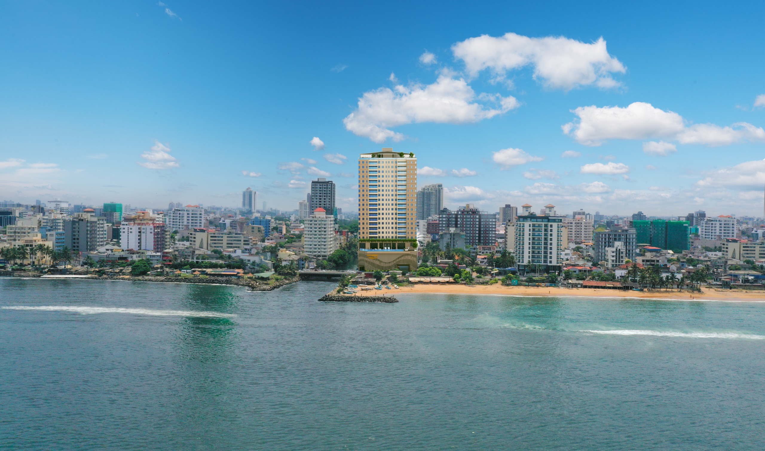 Close aerial view of the OFC Marine Drive tower
